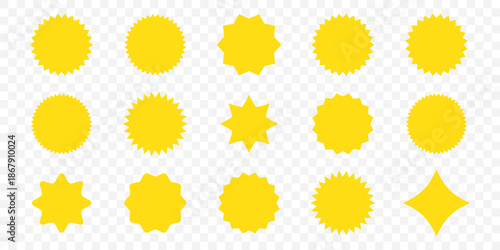 Set of black star burst shape tags for price. Circle sticker. Wavy edge promo badges. Blank sale stickers collection. Design elements of Price sticker, sale sticker, starburst, quality mark, retro.