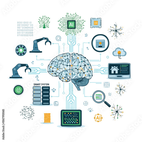 Illustration of a brain with various technology and innovation icons, including gears, circuits, and devices, on a white background with a futuristic and informative mood.