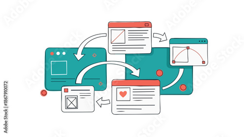 Web pages with arrows showing data flow and interaction between different online elements.