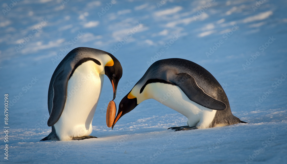 Obraz premium Penguin Pebble: Two Emperor Penguins Bowing To Each Other In The Snow, One Offering A Smooth Pebble (a Symbol Of Penguin Love). Icy Blue Background, Cinematic Lighting, National Geographic Style But C