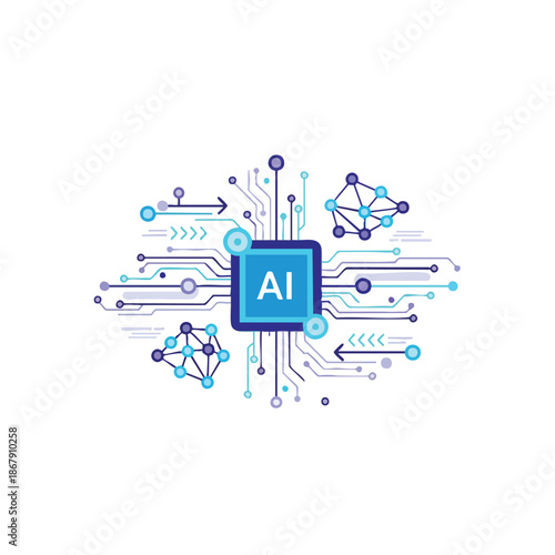 Flat design illustration of a blue AI chip surrounded by circuit lines, nodes and arrows on a white background with a futuristic and technological mood.