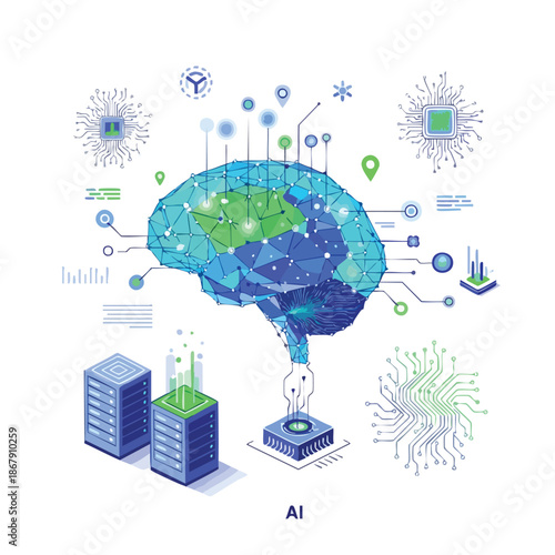 Illustration of a brain with a map of the Earth inside, surrounded by various technological and scientific symbols and icons, with a robotic arm emerging from it to interact with a computer