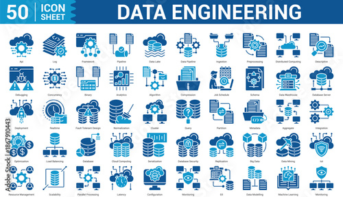 Data Engineering color style icon set concept log, framework, pipeline, data lake, data pipeline, ingestion, preprocessing, and more. Illustration Eps 10