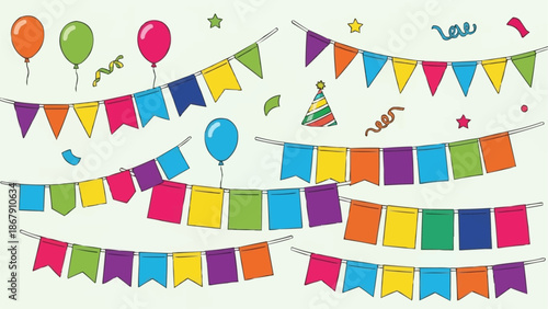 Colorful Birthday Party Decorations with Balloons and Bunting Flags.