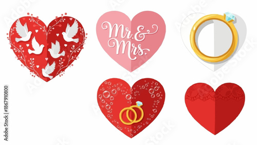 Wedding symbols hearts and rings romantic celebration elements.