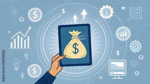 hand holding a mobile phone with business graph