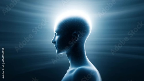 Human head profile digital brain glowing mind blue light futuristic concept artificial intelligence technology virtual reality thinking innovation meditation consciousness mental energy spiritual