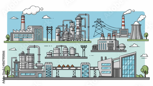 Industrial factory complex with multiple buildings and smokestacks.