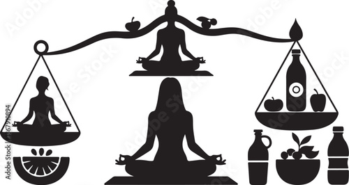 Healthy lifestyle balance concept with yoga and nutrition