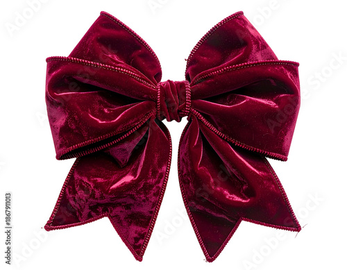 A close-up of a large, luxurious, deep red velvet bow isolated on a transparent background (1)