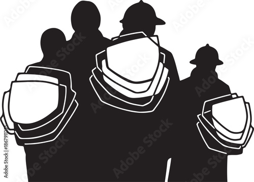 Silhouette of firefighters with equipment on white background