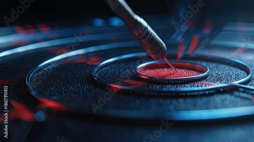 Precision tool interacts with granular material in a detailed scientific setup.