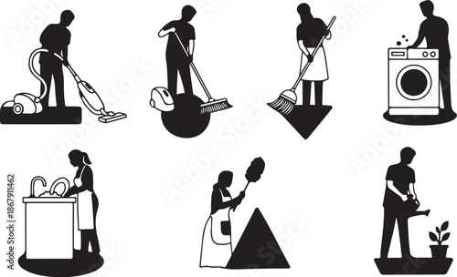Silhouette of people doing household chores and cleaning