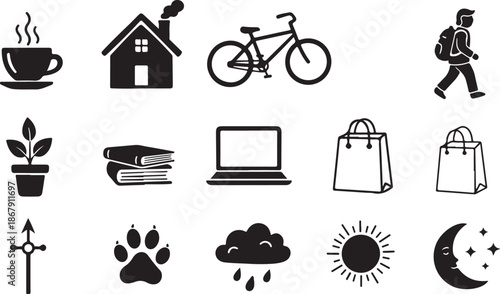 Daily Life Icons and Symbols in Black and White