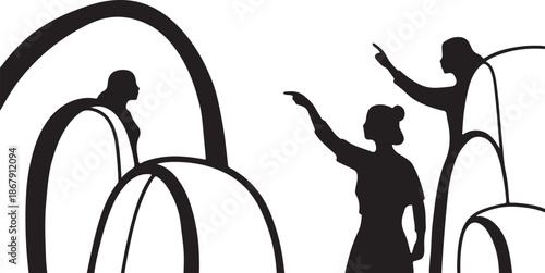 Silhouettes of people interacting with abstract shapes