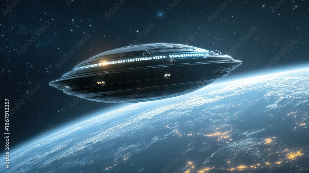 Obraz premium Unidentified Flying Object over Earth: A sleek, mysterious Unidentified Flying Object (UFO) hovers silently in the vastness of space above a vibrant, awe-inspiring earth.