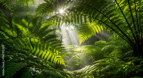 Wallpaper Mural Golden sun rays piercing through vibrant green fern leaves in a misty tropical rainforest Torontodigital.ca