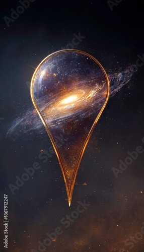 Abstract universe within a golden teardrop shape