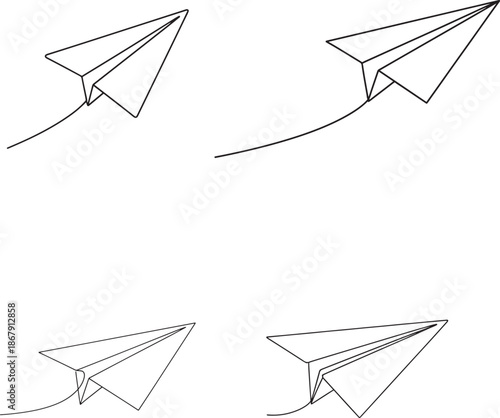 Four sketches of paper airplanes in various flight positions