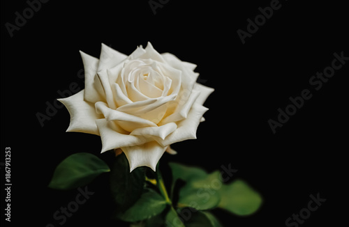 A single white rose blooms gracefully against a deep black background, radiating purity and elegance.