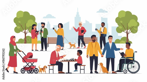 Diverse group of people enjoying a sunny day in the park.