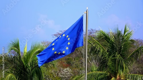 European Union Flag Waving on Flagpole Surrounded by Tropical Palm Trees. The blue and gold EU flag flutters against a bright sky. Tropical greenery creates a unique contrast.