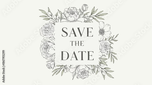 Save the Date floral wreath wedding invitation design.