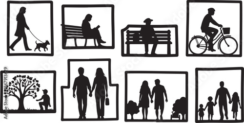 Silhouette of people in various park settings and activities