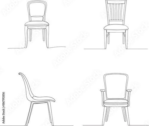 Detailed technical drawing of a chair from multiple angles