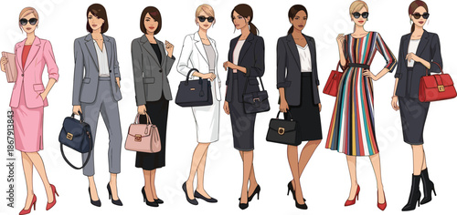 Women fashion illustration, professional attire, stylish outfits, business clothing, handbag design, office wear, modern fashion, lifestyle artwork
