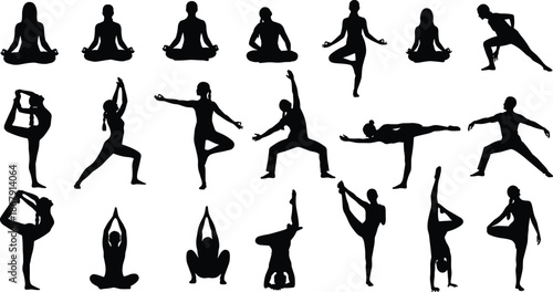 Yoga silhouette illustration, meditation pose, stretching artwork, balance posture, fitness concept, mindfulness design, black silhouettes, white background