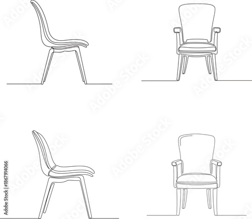 Detailed technical drawings of a chair from multiple angles in continuous one line drawing style