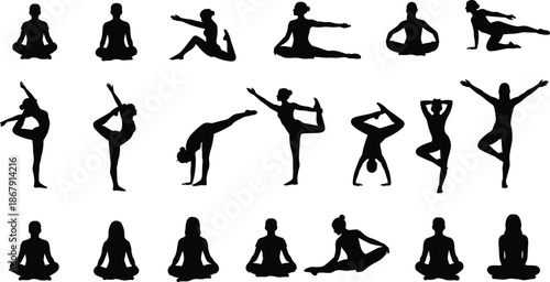 Yoga poses illustration, silhouette artwork, meditation posture, stretching design, balance concept, fitness artwork, mindfulness practice, black silhouettes