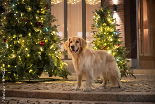 The golden retriever stands beside the Christmas tree.