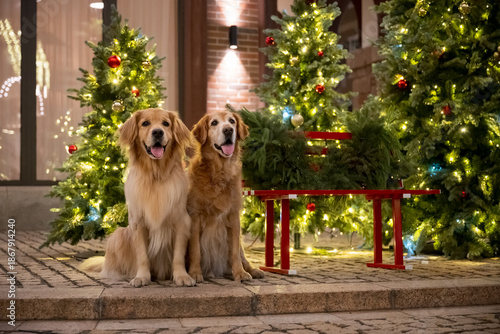 Two golden retrievers sat beside the Christmas tree.