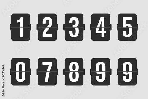 Countdown Numbers Vector Illustration Showing Flip Clock Style 0 to 9, Mechanical Scoreboard Panel, Countdown Timer, Digital Clock Display, and Retro Time Counter Design.