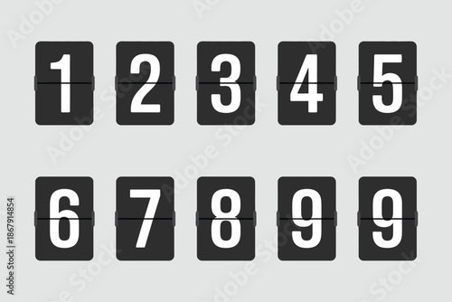 Countdown Numbers Vector Illustration Showing Flip Clock Style 0 to 9, Mechanical Scoreboard Panel, Countdown Timer, Digital Clock Display, and Retro Time Counter Design.