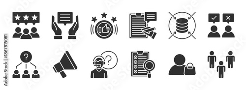 Survey glyph style editable icon set collection. Containing opinions, review, satisfaction, feedback, exam, poll, questionnaire, and more. Editable stroke. Vector illustration eps 10