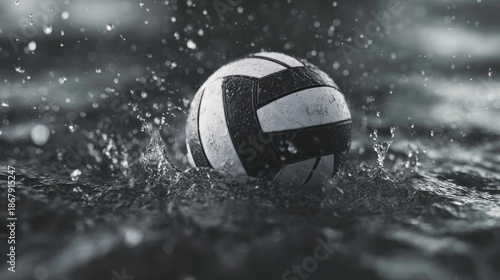 Volleyball Splashing in Water with Dynamic Droplets in Monochrome