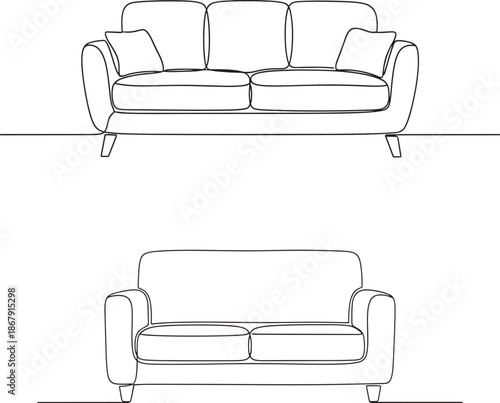 Detailed line drawings of a classic rolled arm sofa from two angles
