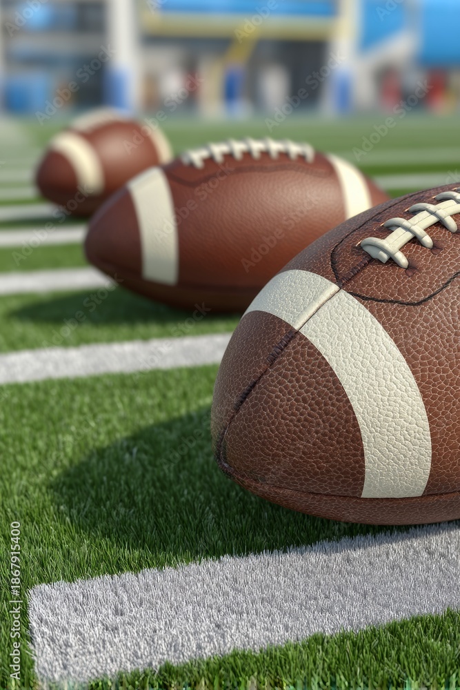 Obraz premium American Footballs Lined Up on a Vibrant Green Field with White Yard Lines, Ready for Play.