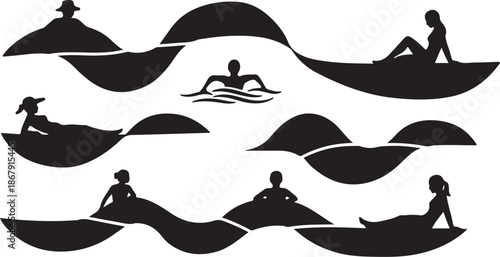 Silhouettes of people kayaking on wavy water in various poses