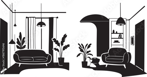 Modern living room interior design with plants and furniture