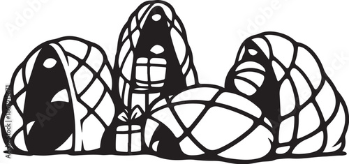 Black and white illustration of people in wire mesh cages