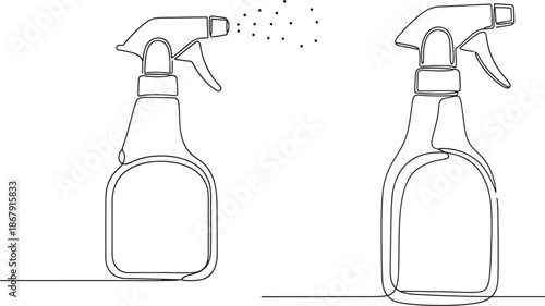 Spray bottle illustrations with liquid spray in continuous one line drawing style