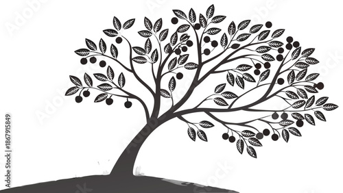 Minimalist Small Tree Illustration with Dark Berries and Clove Spices, Decorative Plant Icon