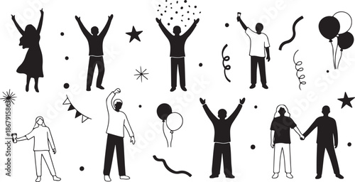 Celebration Silhouettes with Confetti and Balloons