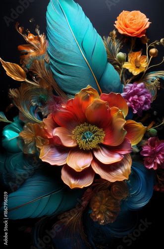 flowers, feather on black background