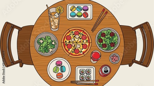 Overhead view of a round wooden table set for a meal with pizza and sushi.