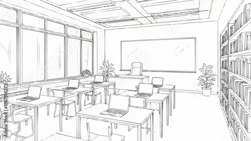 Empty classroom with desks and laptops ready for learning.